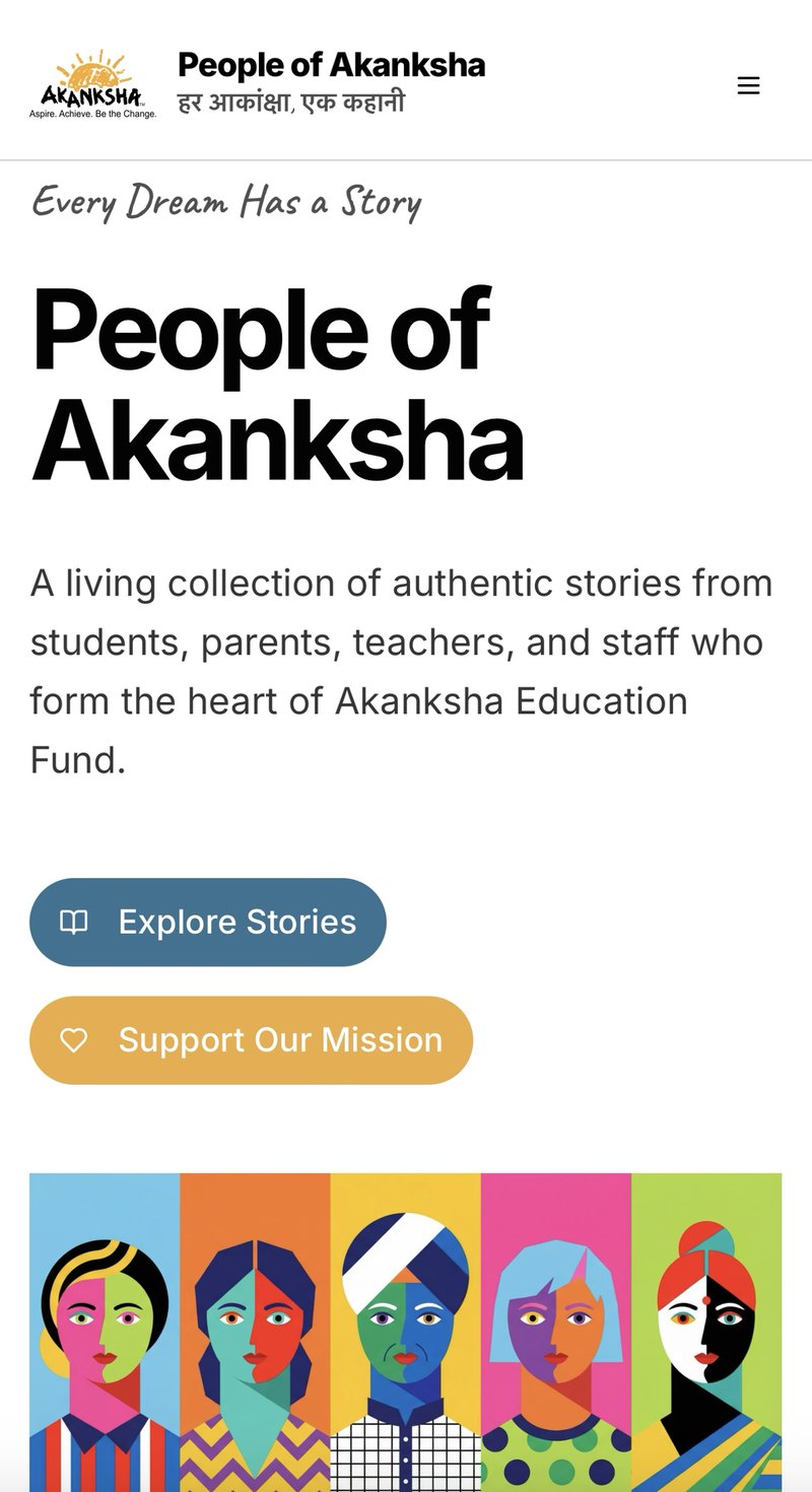 People of Akanksha home page on a phone: the title, a short description, and a colorful illustration of five people