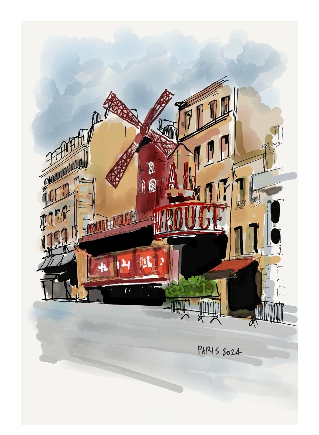 Digital sketch of the Moulin Rouge windmill and the buildings around it under a watercolor sky, labeled Paris 2024