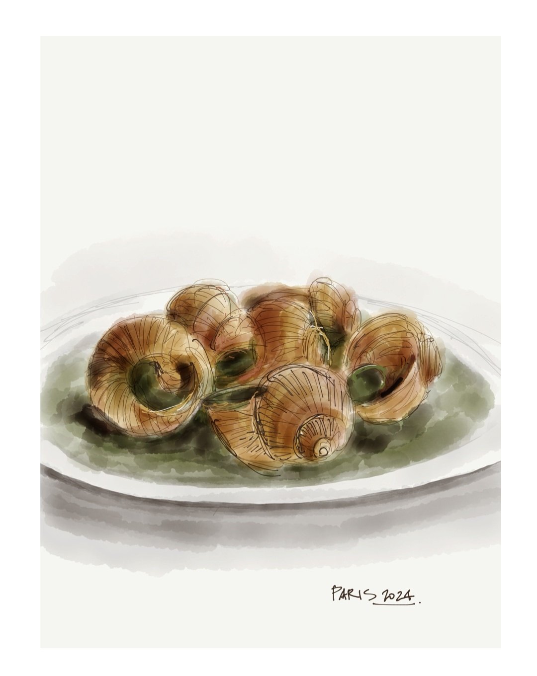 Digital sketch of a plate of escargot in green sauce, labeled Paris 2024
