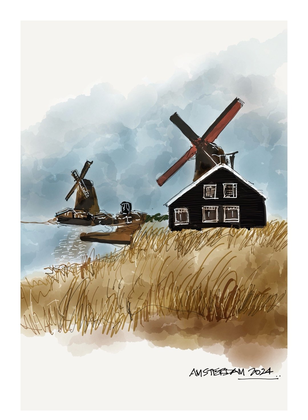 Digital sketch of a black wooden house and two windmills beside a canal under a stormy blue sky, labeled Amsterdam 2024