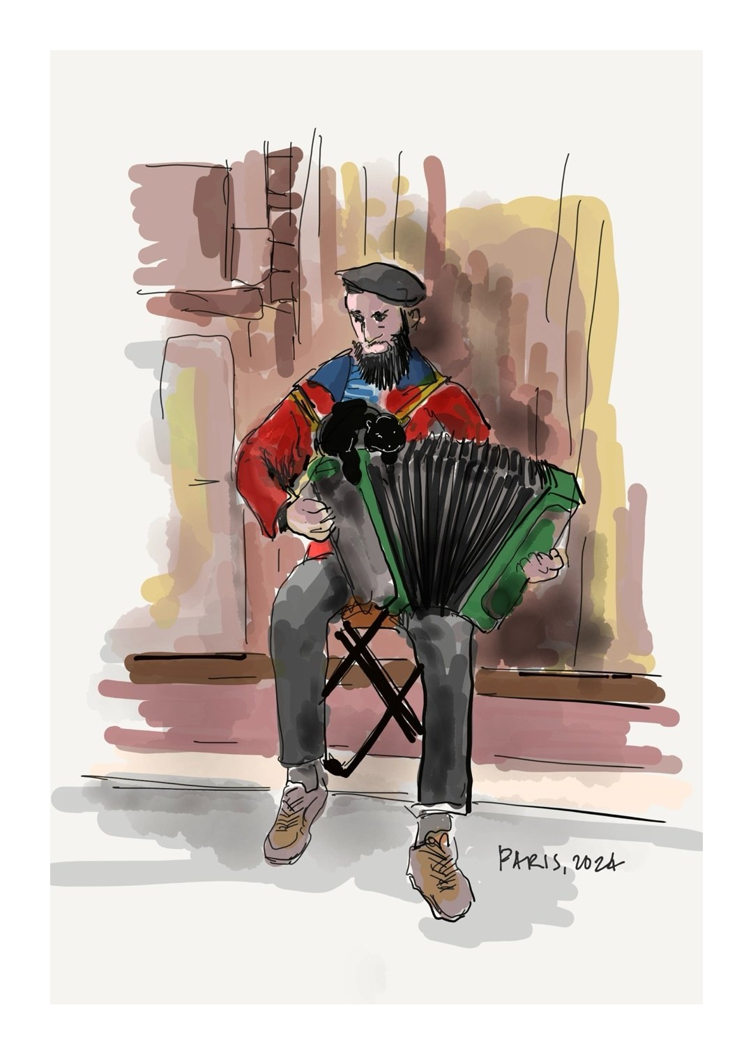 Digital sketch of a bearded man in a beret playing a green accordion, labeled Paris 2024