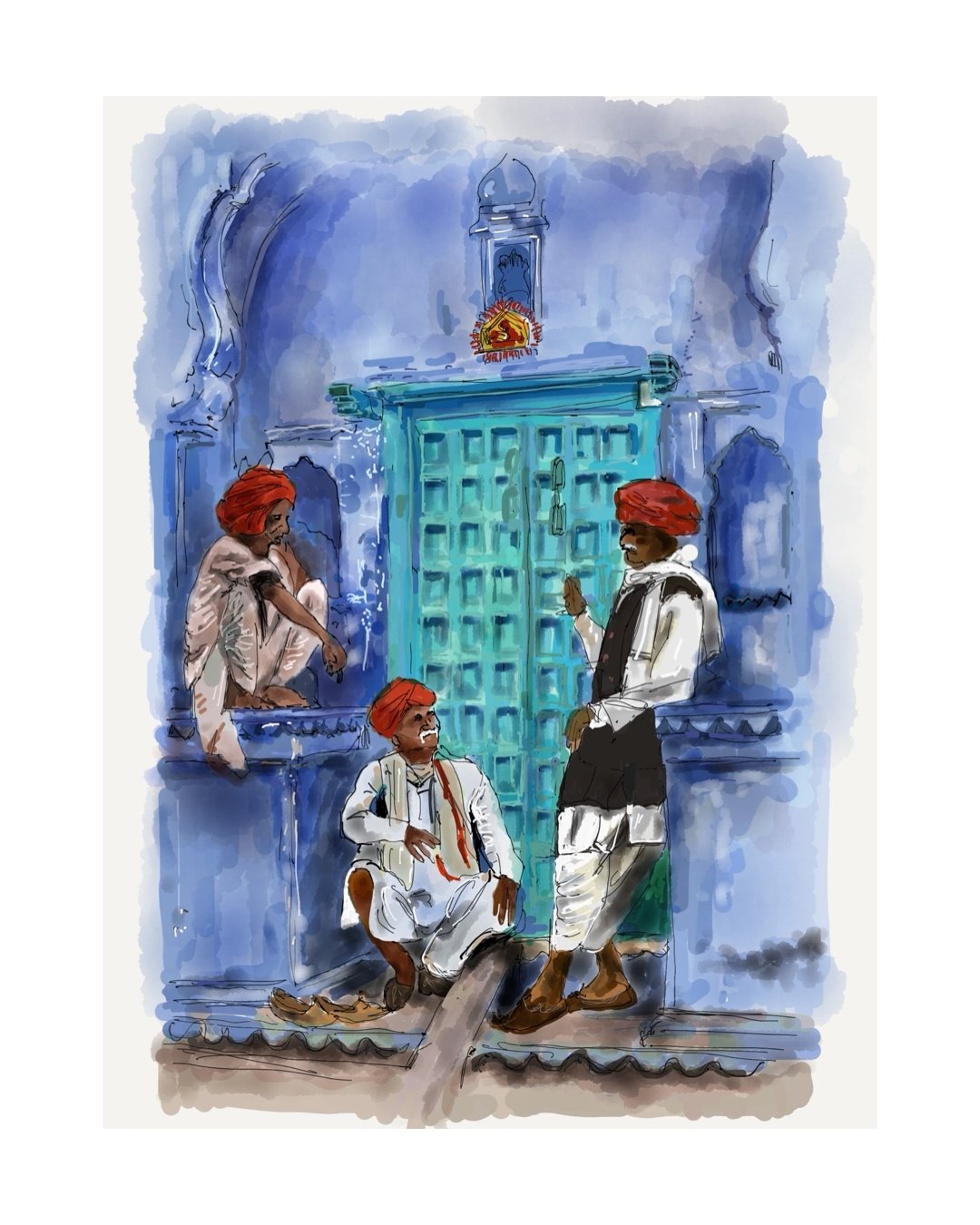 Watercolor-style sketch of three men in red turbans talking around a turquoise door in a blue wall