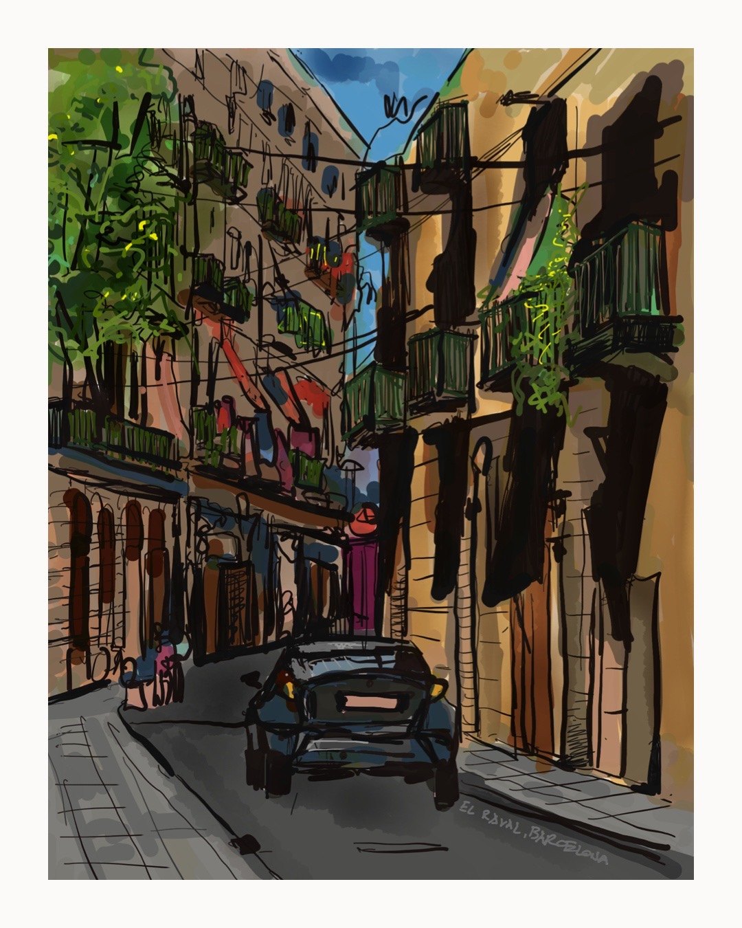Digital sketch of a narrow El Raval street in Barcelona, with green balconies, overhead wires and a dark car parked ahead, labeled El Raval, Barcelona