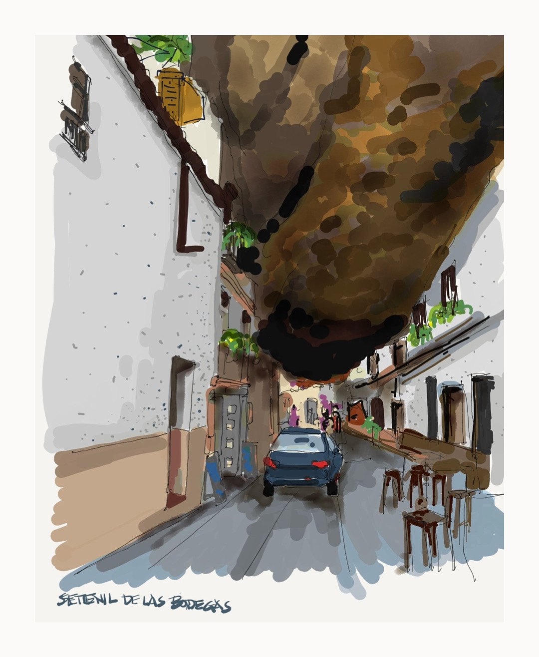 Digital sketch of a street in Setenil de las Bodegas, Spain, running beneath an enormous overhanging rock, with a blue car and café stools, labeled Setenil de las Bodegas