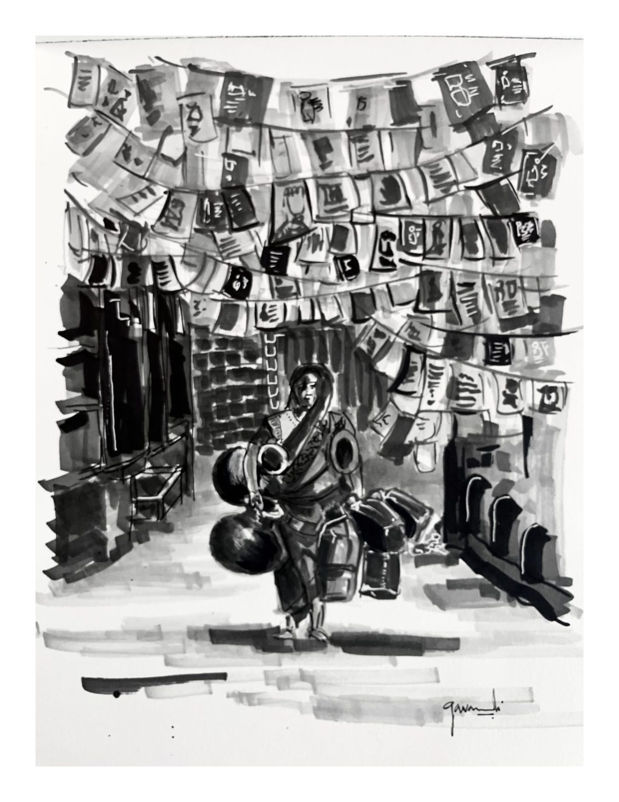 Black-and-white ink sketch of a woman carrying clay water pots beneath rows of hanging prayer flags in a narrow lane