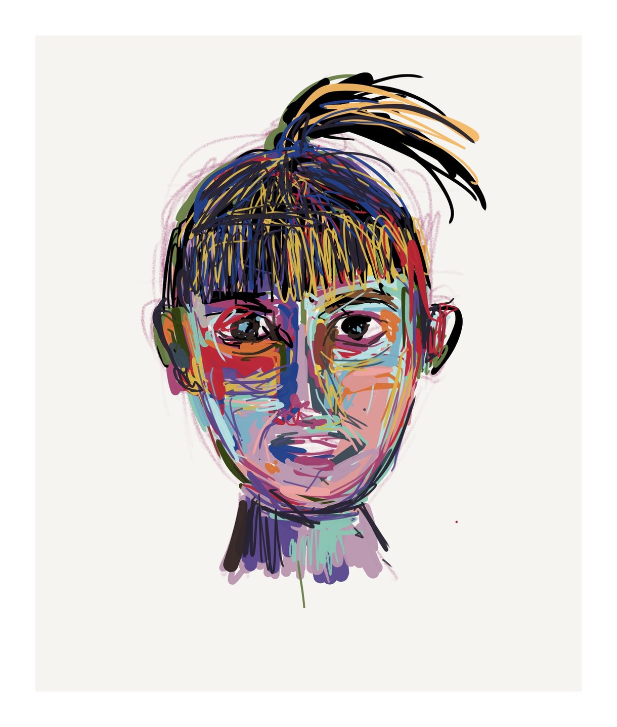 Digital portrait in layered colored strokes of a person with a heavy fringe and a topknot of black and gold hair