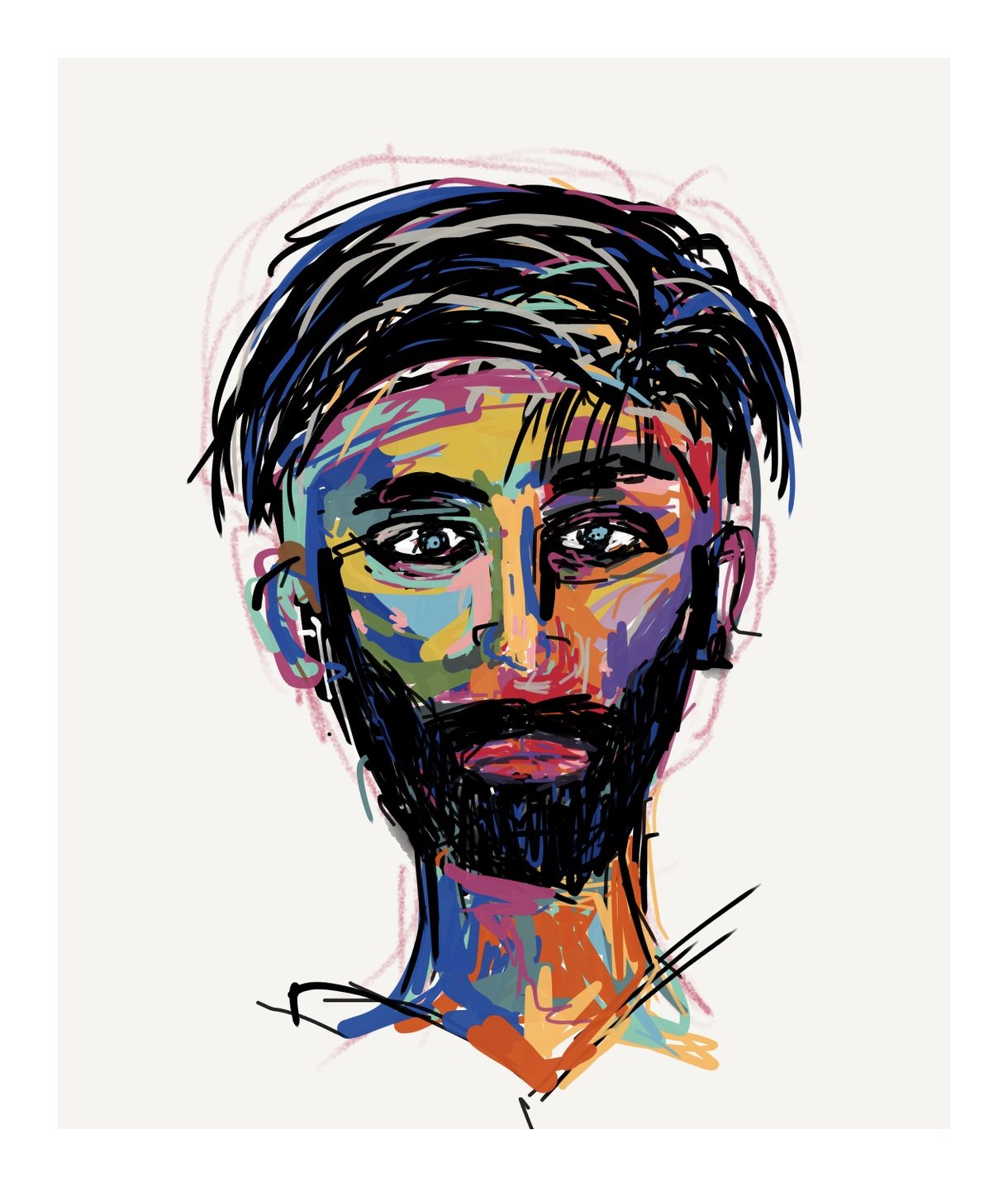 Digital portrait in layered colored strokes of a bearded man with swept-back black hair and pale blue eyes