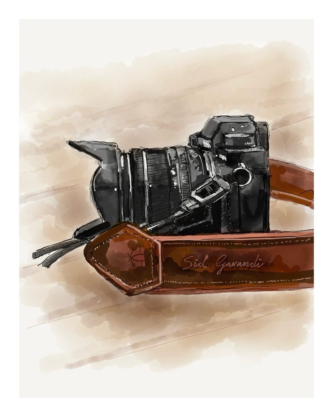 Digital sketch of a camera with a wide lens hood resting on a tan leather strap stamped with my name