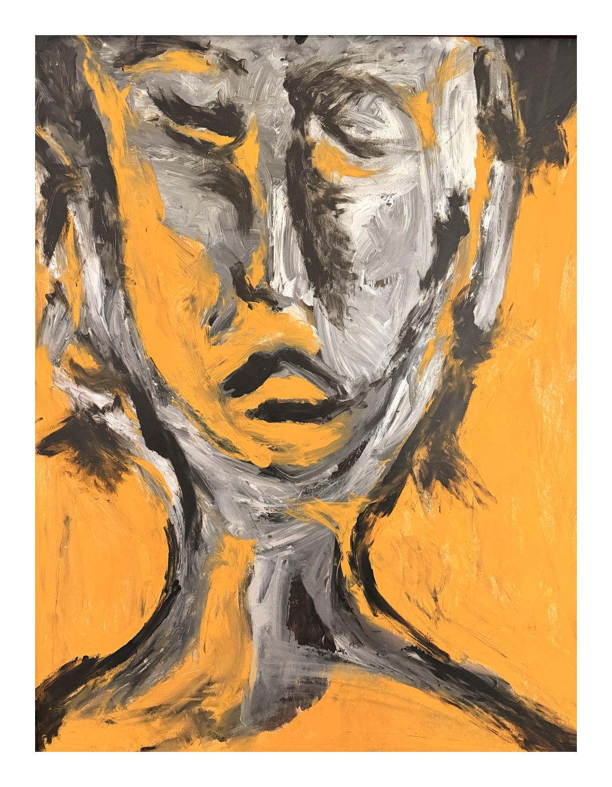 Acrylic painting of a calm face with closed eyes in broad strokes of ochre, gray and black, the neck and shoulders sweeping out of a bright ochre ground