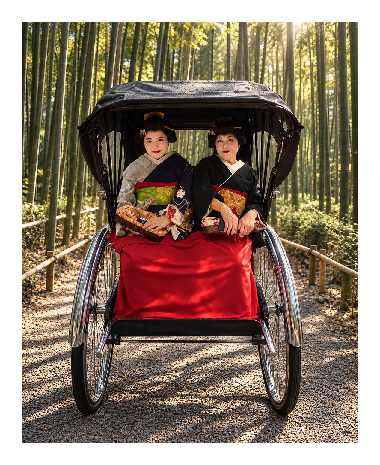 Two women in kimono and traditional hairstyles sit in a black-hooded rickshaw with a red blanket on a gravel path through a sunlit bamboo grove in Kyoto