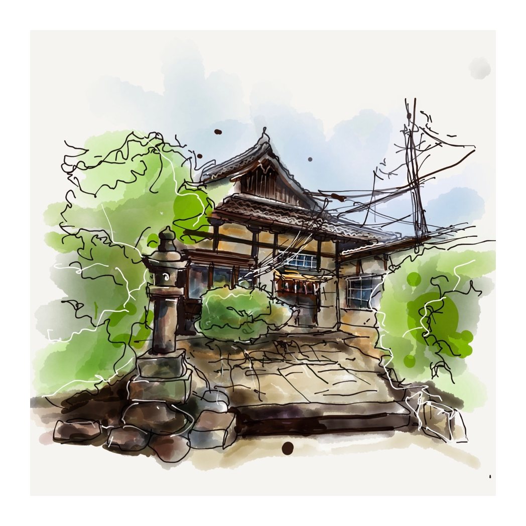 Digital watercolor-style sketch of a traditional Japanese wooden house with a tiled roof, a stone lantern and green trees, with overhead wires crossing the sky