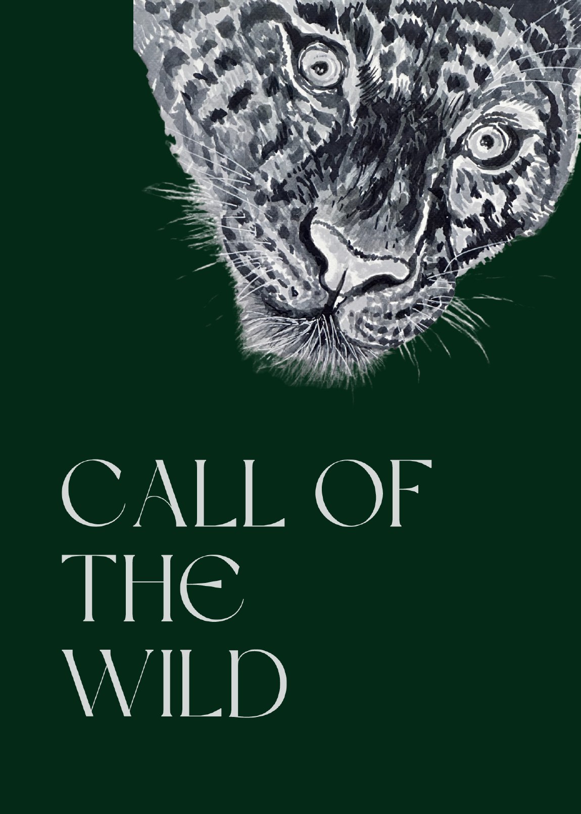 The Call of the Wild exhibition card: my ink drawing of a leopard on deep green