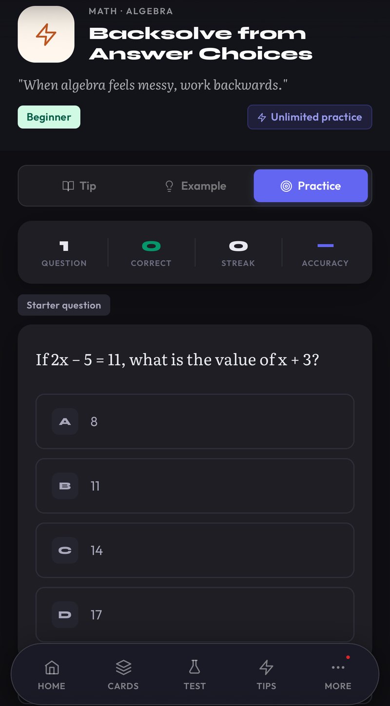 SATcrack practice on a phone: a starter question for the Backsolve strategy, with four answer choices