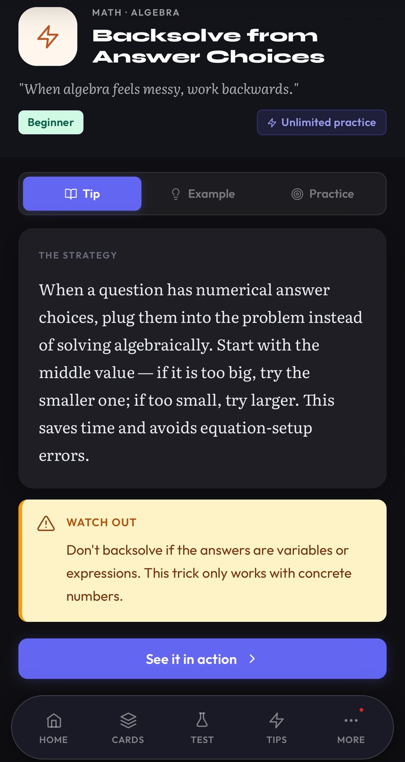 A SATcrack tip on a phone: Backsolve from Answer Choices, with the strategy, a watch-out note, and tabs for Tip, Example and Practice