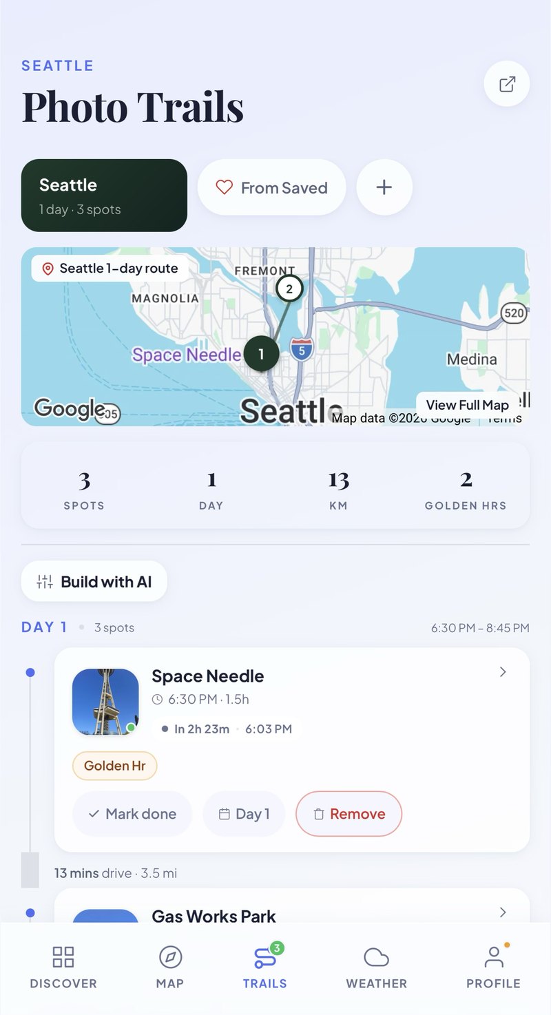 Travelographer Photo Trails on a phone: a one-day Seattle trail with a route on the map, three spots, a Build with AI button and the first stop, the Space Needle, set for 6:30 PM with a golden hour countdown